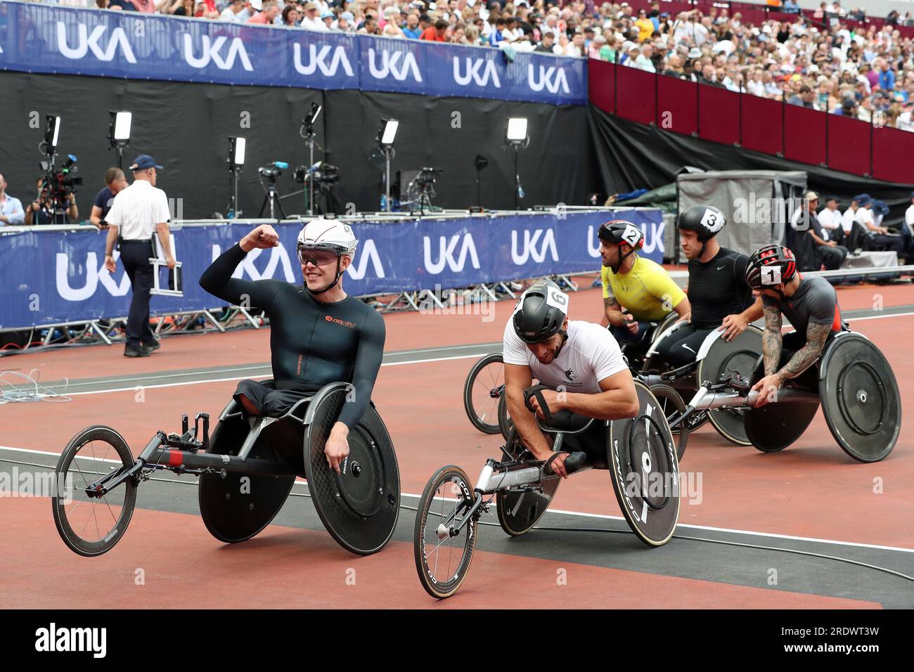 The wheelchair racers after the 1500m race in the Wanda Diamond League at the London Stadium Stock Photo
