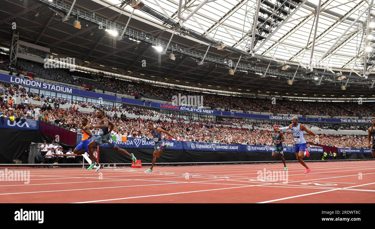 London, UK. 23rd July, 2023. (L-R) Letsile Tebogo of Botswana sets a new African record of 19.50, Zharnel Hughes of Great Britain & NI setting a new British record and PB of 19.73 and Noah Lyles of the USA sets a new meeting and world lead of 19.47 in the men's 200m at the Wanda Diamond League London Event, London Stadium on the 23rd July 2023. Photo by Gary Mitchell/Alamy Live News Stock Photo