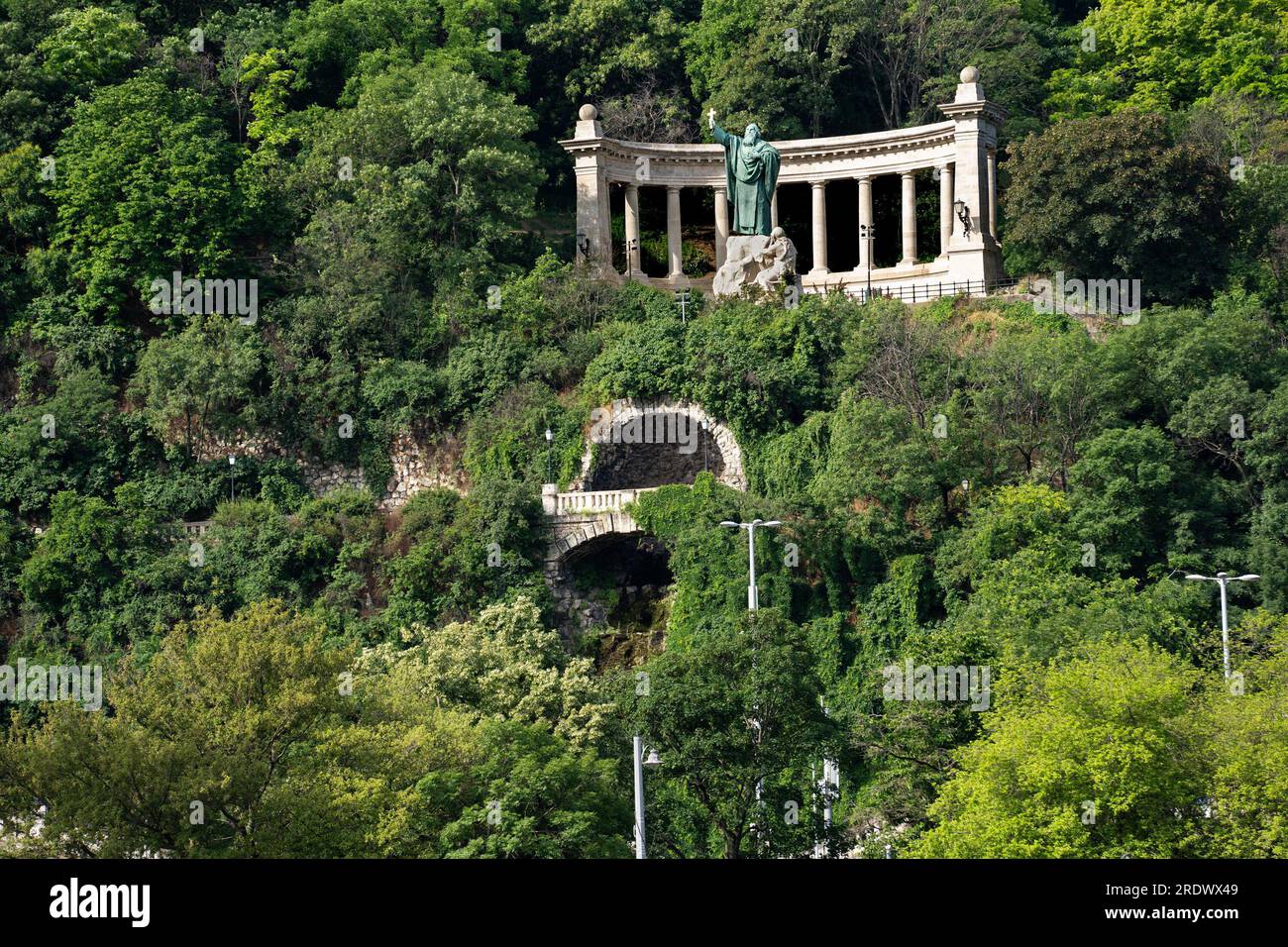 Budapest, HU June 11, 2023 View of St. Gerard Sagredo Statue, A colonnaded structure with an