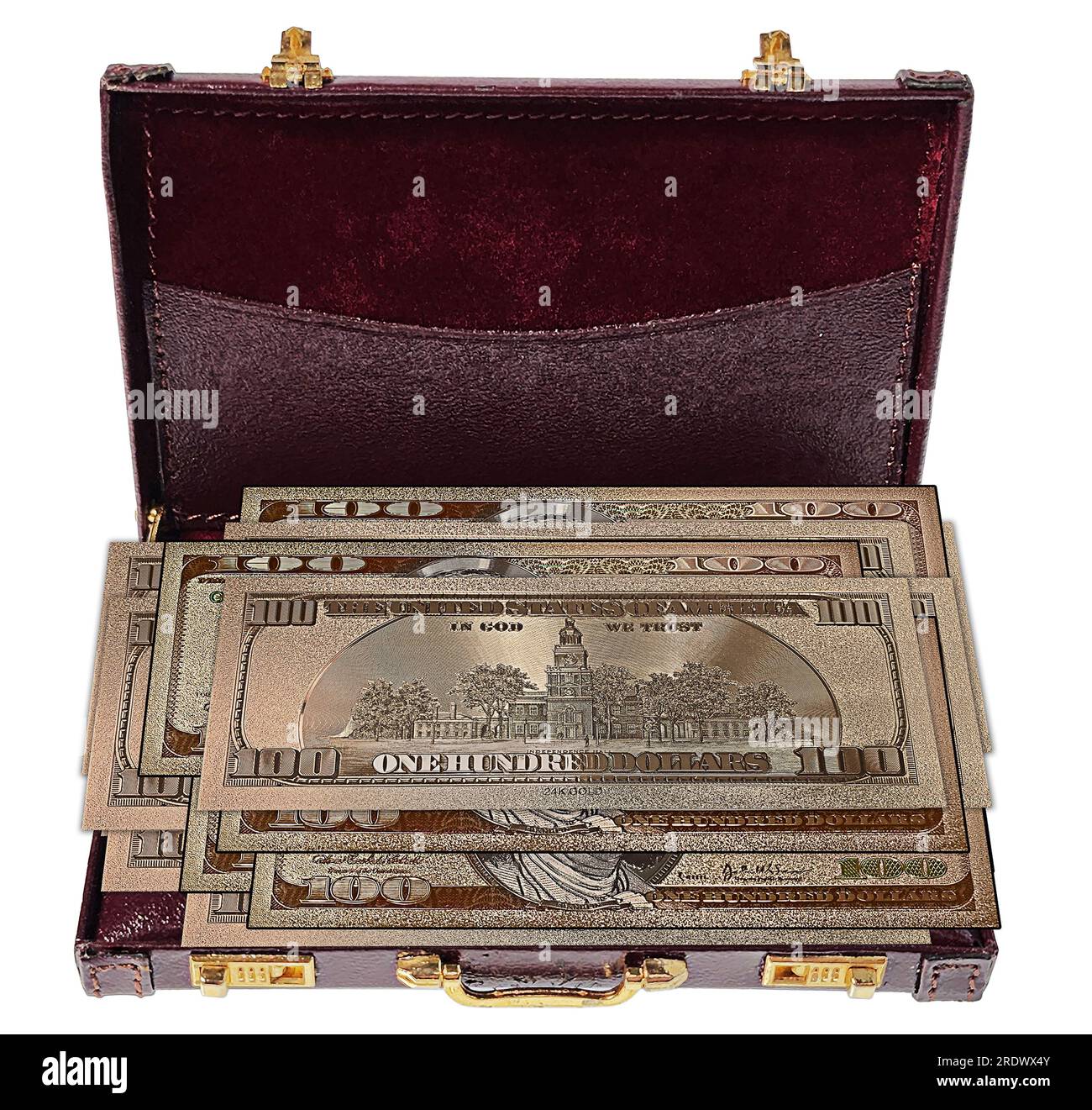 Open Leather briefcase full of gold money bills Stock Photo Alamy