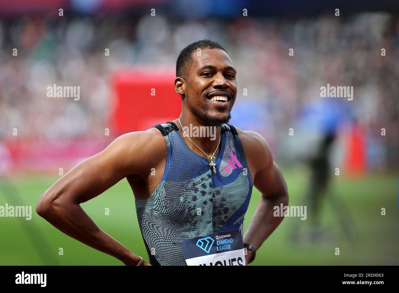 London, UK. 23rd July 23. Zharnel HUGHES (Great Britain) after setting a new National Record in the Men's 200m Final at the 2023, IAAF Diamond League, Queen Elizabeth Olympic Park, Stratford, London, UK. Credit: Simon Balson/Alamy Live News Stock Photo