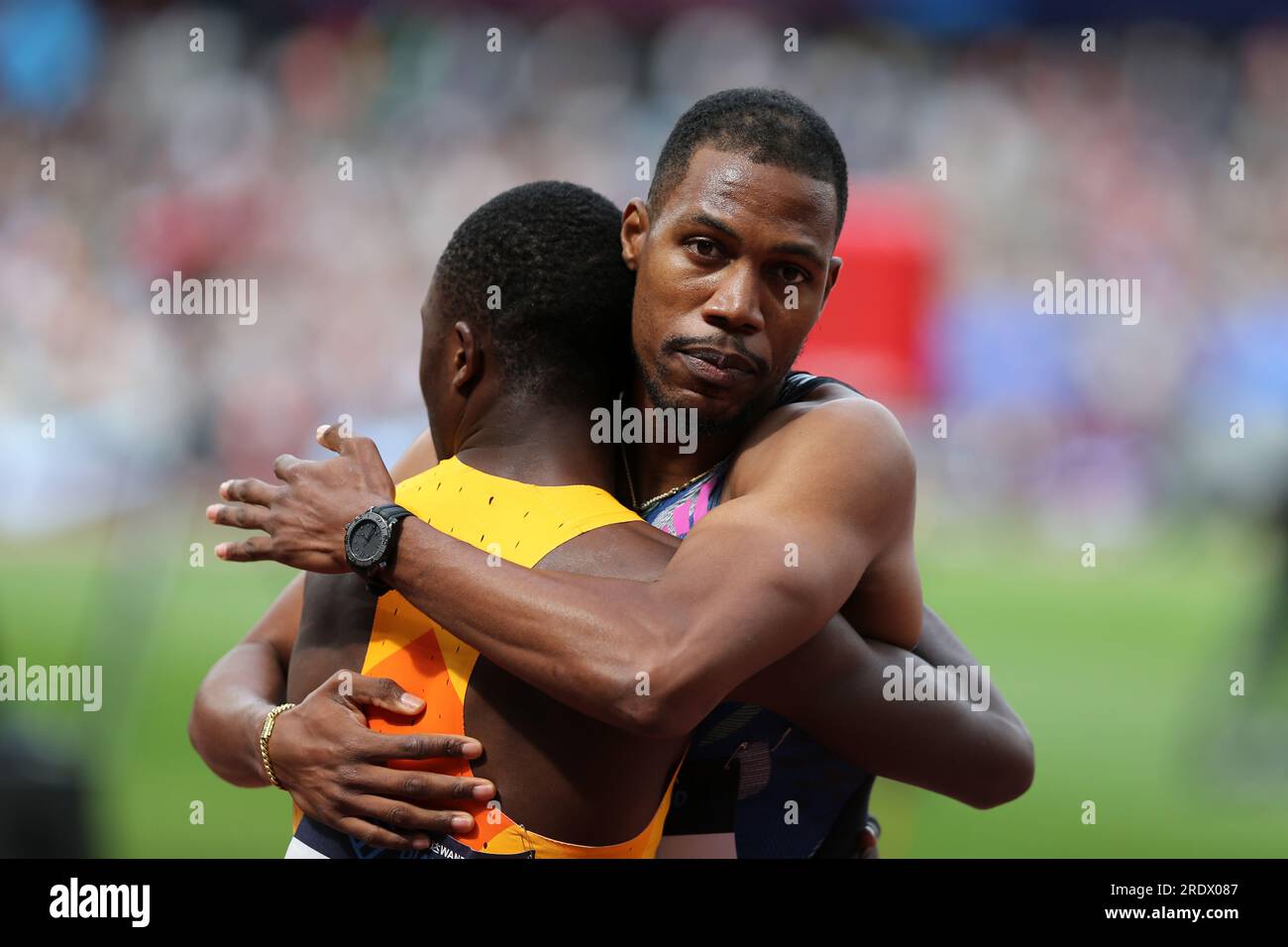 London, UK. 23rd July 23. Zharnel HUGHES (Great Britain) after setting a new National Record in the Men's 200m Final at the 2023, IAAF Diamond League, Queen Elizabeth Olympic Park, Stratford, London, UK. Credit: Simon Balson/Alamy Live News Stock Photo