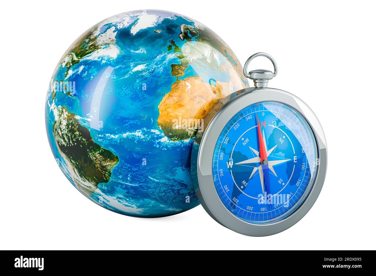 Earth Globe with compass, 3D rendering isolated on white background
