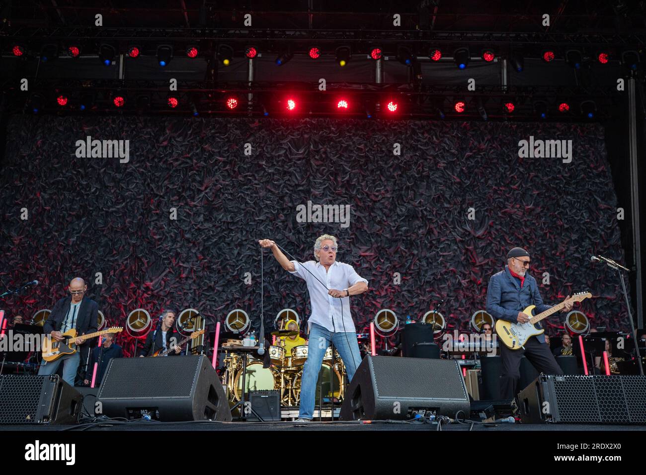 Hove, UK. Sunday 23 July 2023. (L-R) Simon Townshend, John Button, Zak Starkey, Roger Daltrey, and Pete Townshend  of the English rock band The Who performs on stage at   The 1st Central County Ground  © Jason Richardson / Alamy Live News Stock Photo