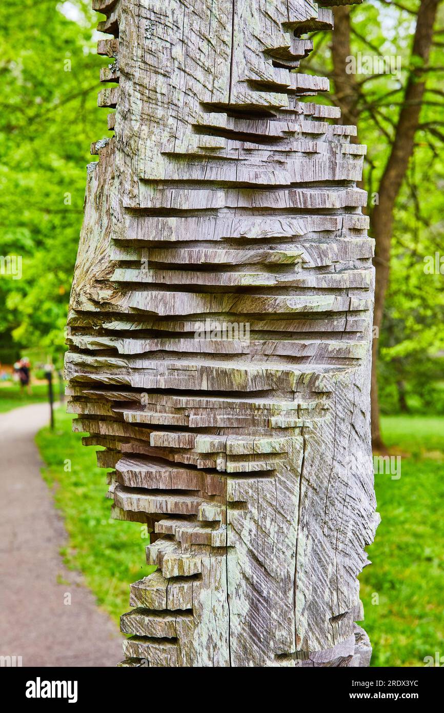 Spiral Double Helix abstract art vertical log crafted by artist Heike Endermann in Bernheim Forest Stock Photo