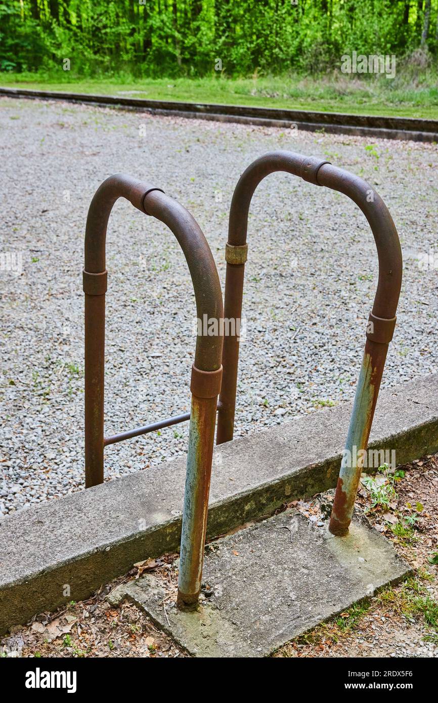 Rose Island abandoned amusement park pool, gravel filled out with