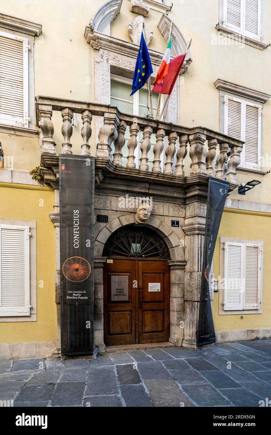 The entrance of Museum of Far Eastern Art, housed in the Palazzetto dei Leo, with a collection of Japanese and Chinese artworks, Trieste city center, Stock Photo