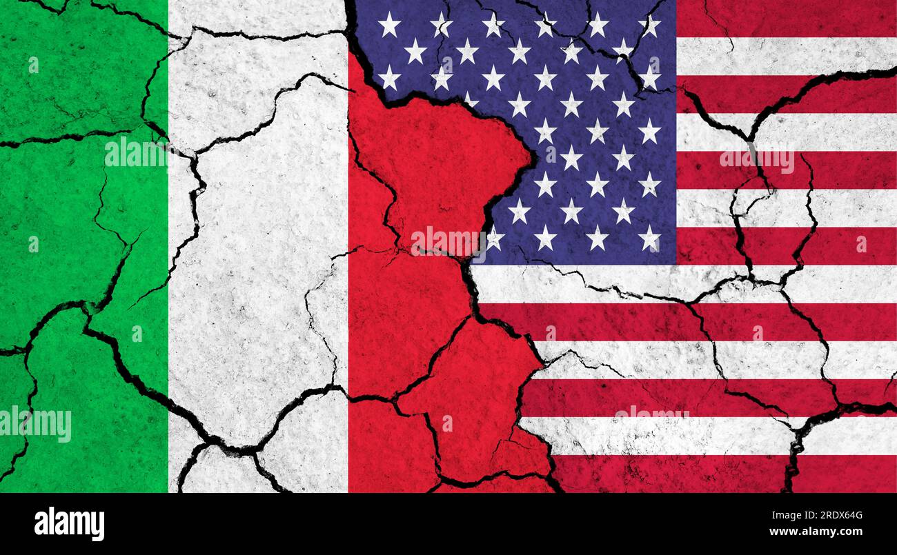 Flags of Italy and USA on cracked surface politics, relationship