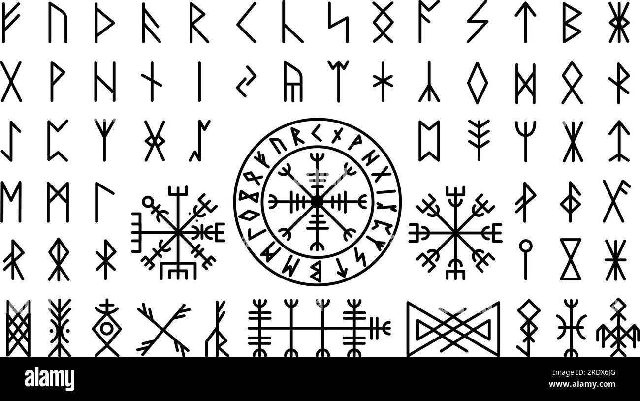 Futhark viking norse. Icelandic mystery collection protection symbol and runes. Magic nordic ancient elements, celtic mythology decent vector set Stock Vector