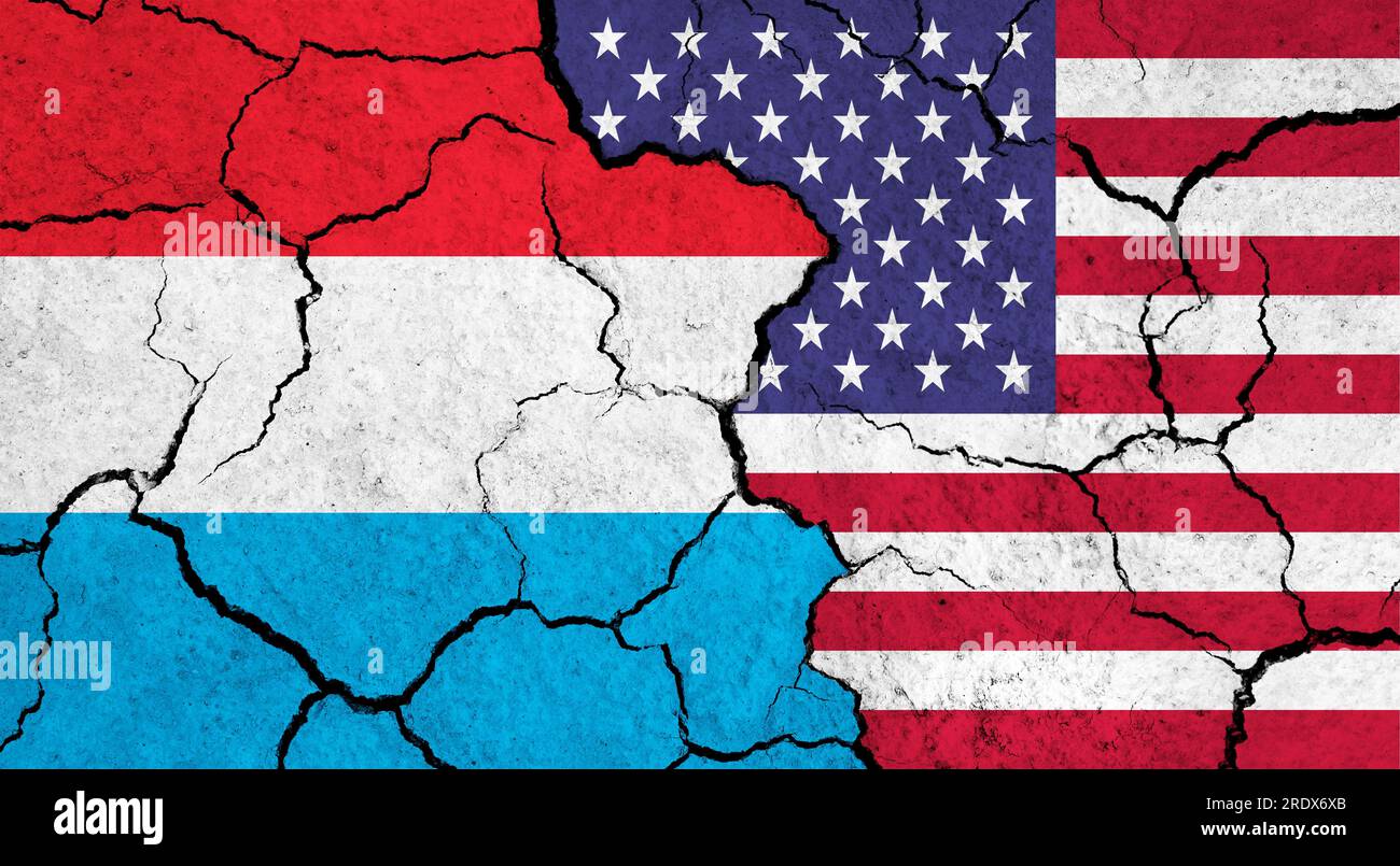 Flags of Luxembourg and USA on cracked surface politics, relationship