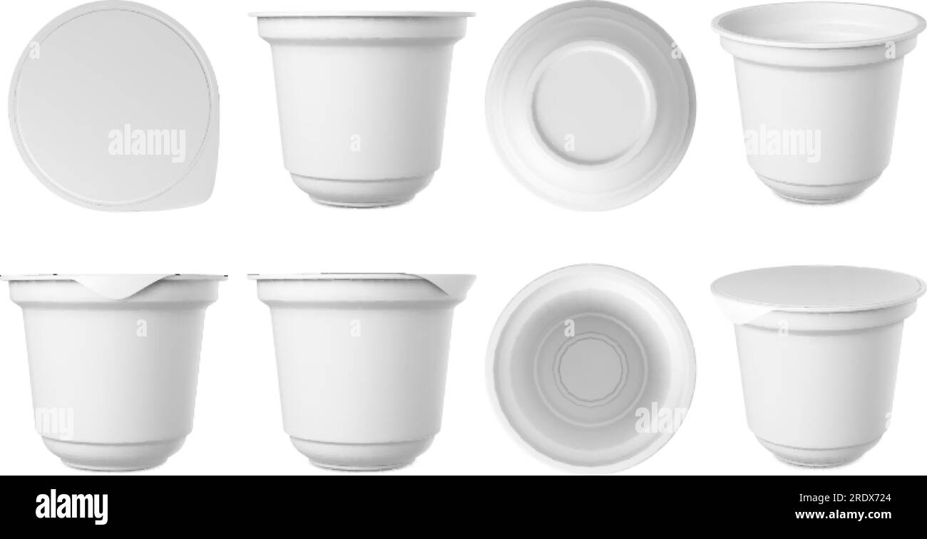 White realistic yogurt or ice cream container. Cups packaging with foil