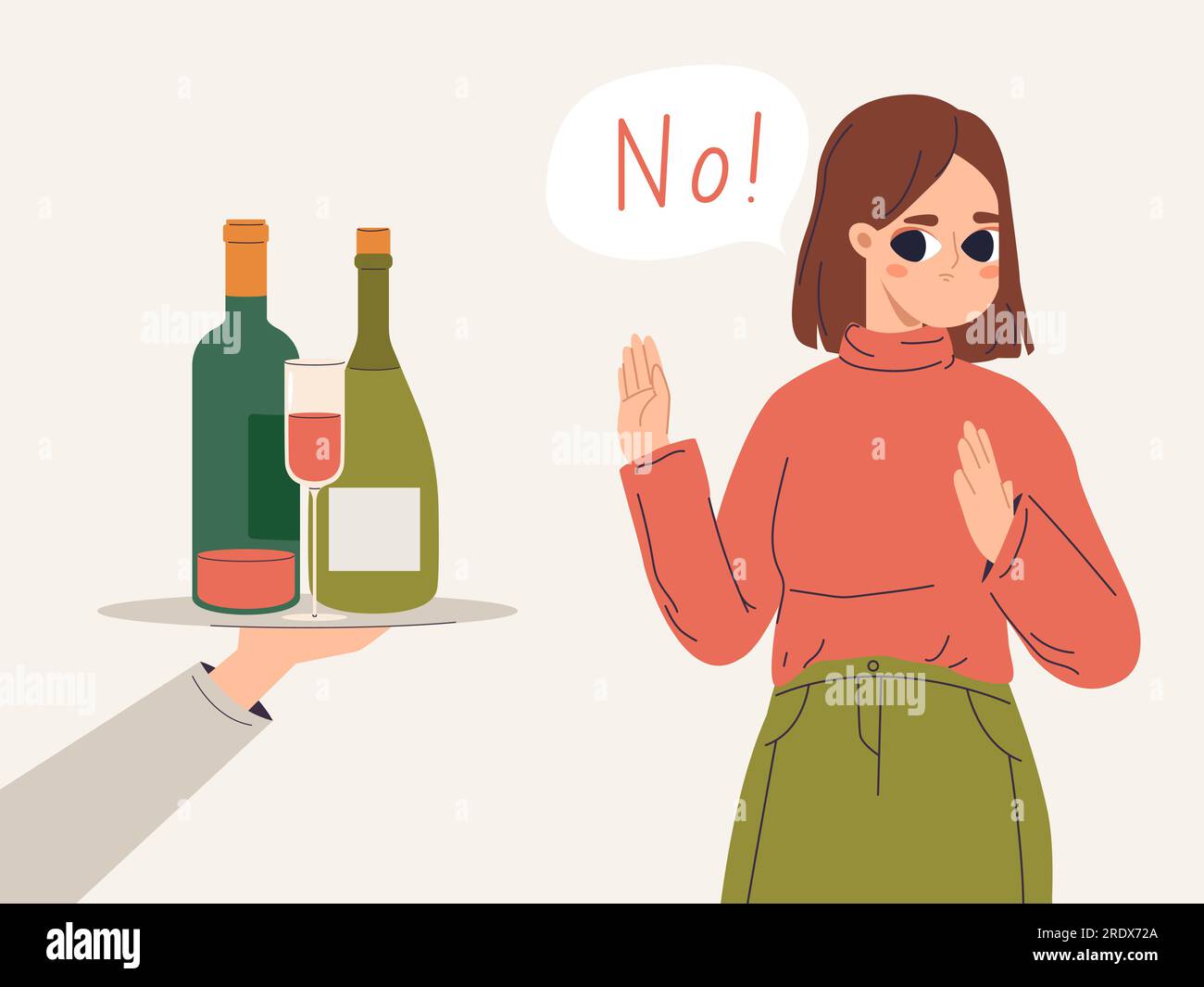 No alcohol addicted girl. Woman said no to wine and alcoholic drinks