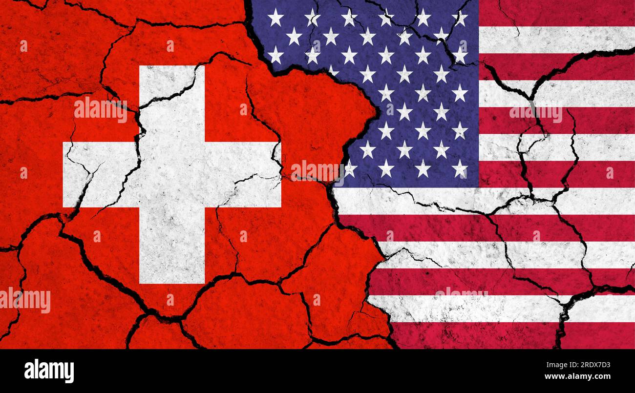 Flags of Switzerland and USA on cracked surface - politics ...