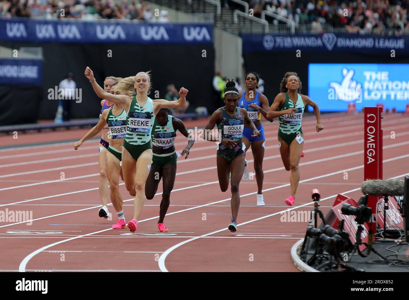 London, UK. 23rd July 23. Jemma REEKIE (Great Britain) crossing the finish line in the Women's 800m Final at the 2023, IAAF Diamond League, Queen Elizabeth Olympic Park, Stratford, London, UK. Credit: Simon Balson/Alamy Live News Stock Photo