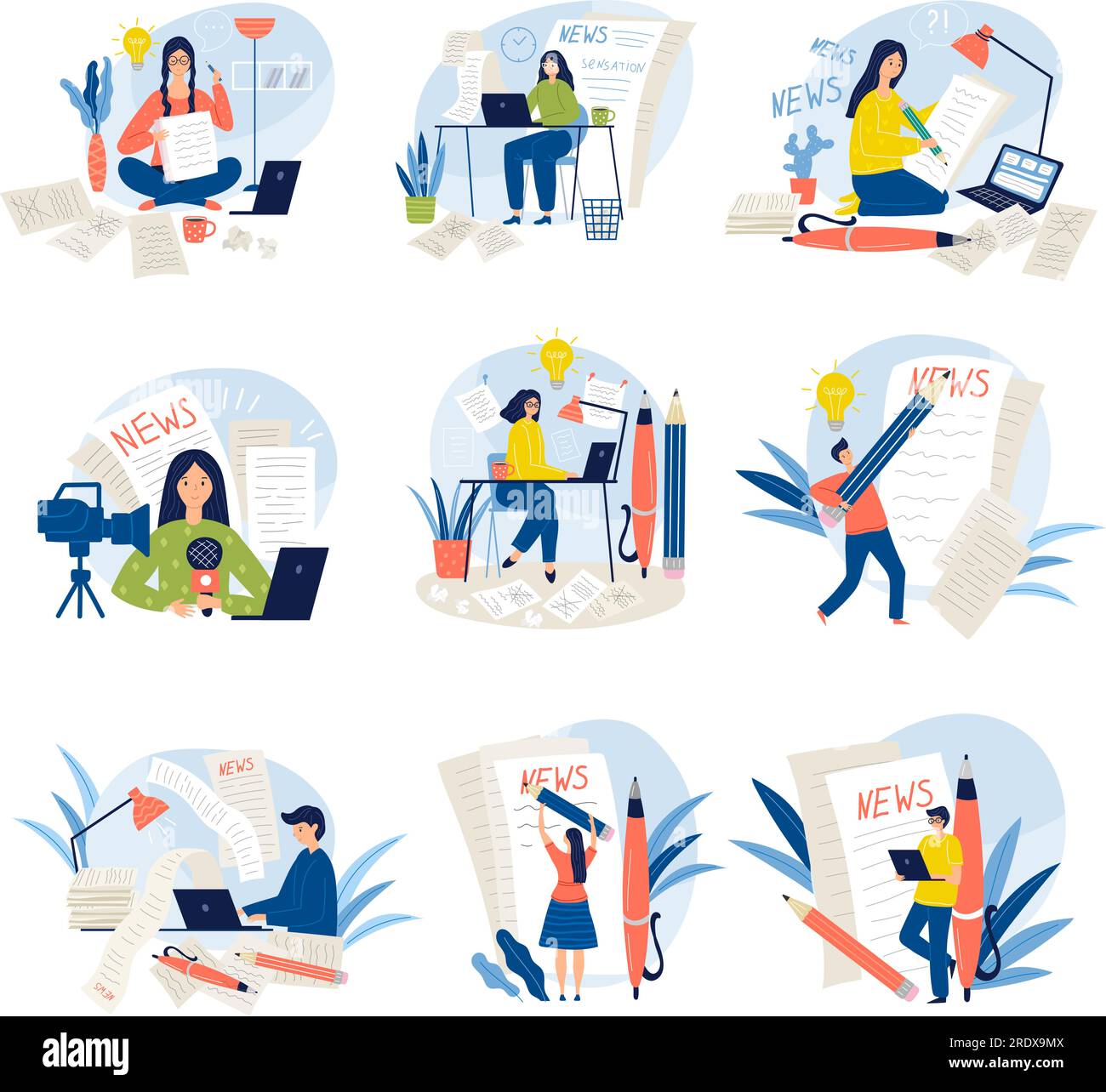 Writer working. Journalism copywriting blogging professions recent vector illustrations isolated Stock Vector