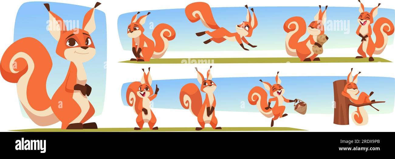 Squirrel. Forest animal in cartoon style action poses and funny emotions exact vector squirrel characters Stock Vector