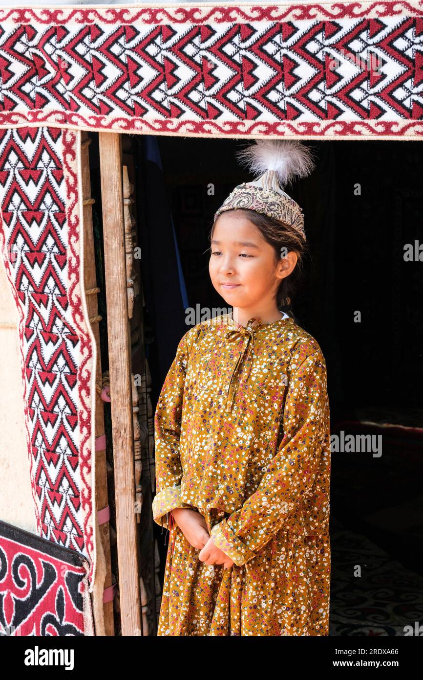 Kazakhstan, Huns Ethno Village. Young Kazakh Girl in Traditional Dress. Stock Photo