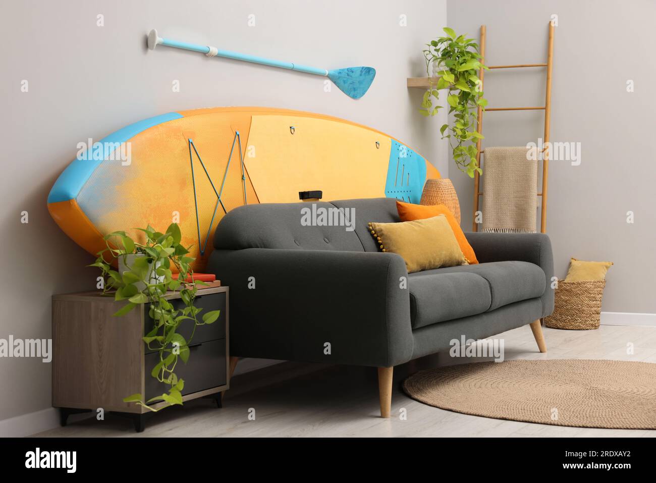 SUP board, paddle and stylish sofa in living room. Interior design ...