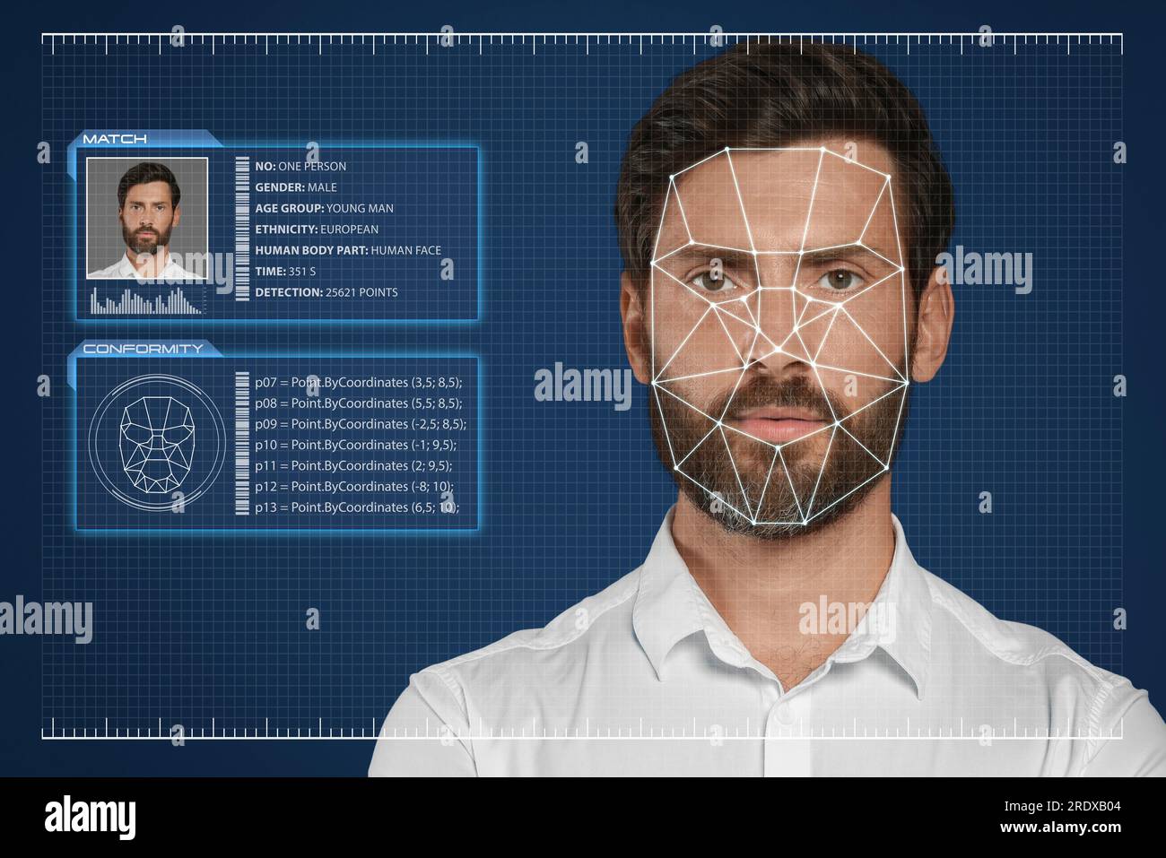 Facial recognition system. Man with personal data and digital biometric ...