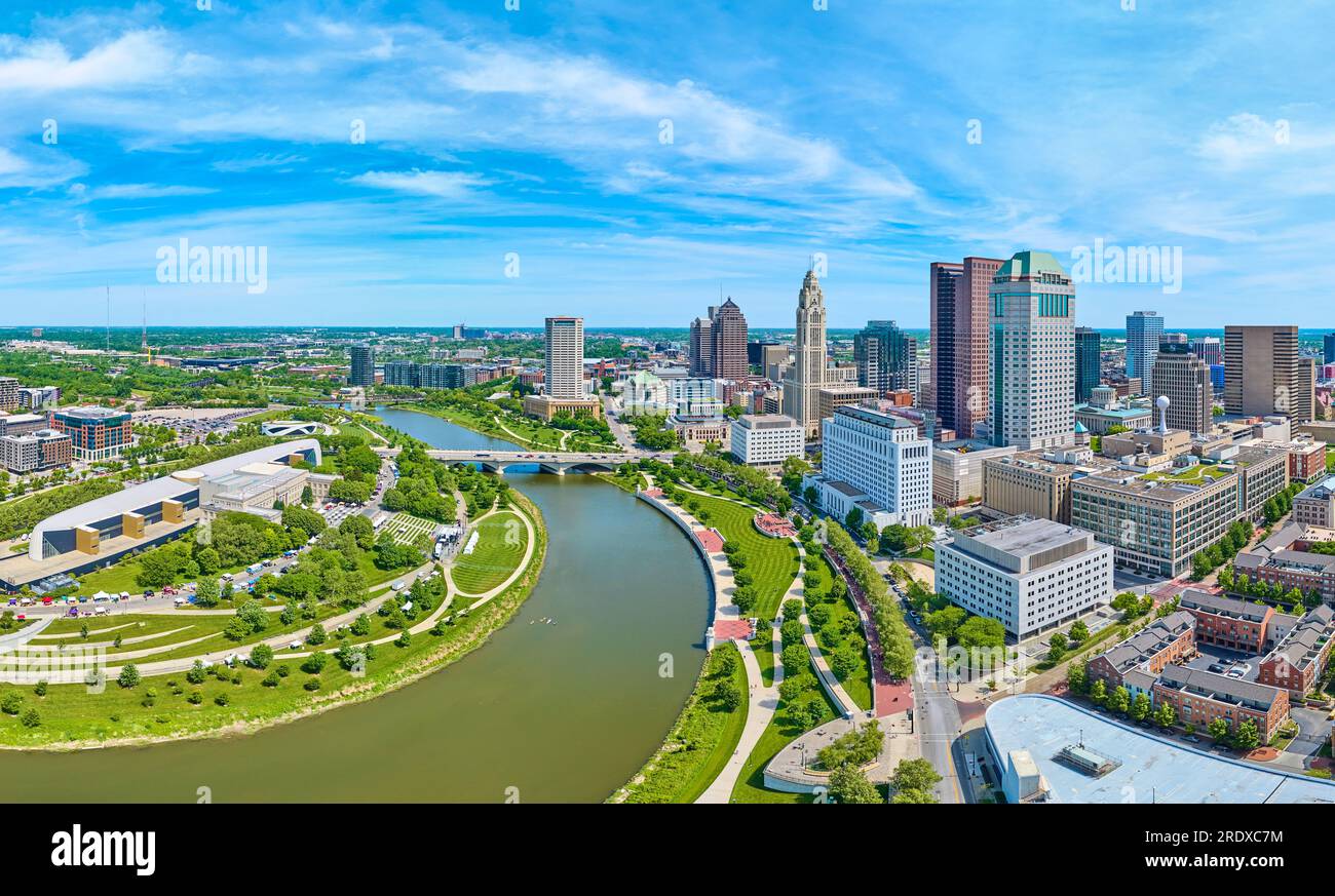 Aerial panorama Columbus Ohio downtown with skyscrapers and Center of Science and Industry Stock Photo