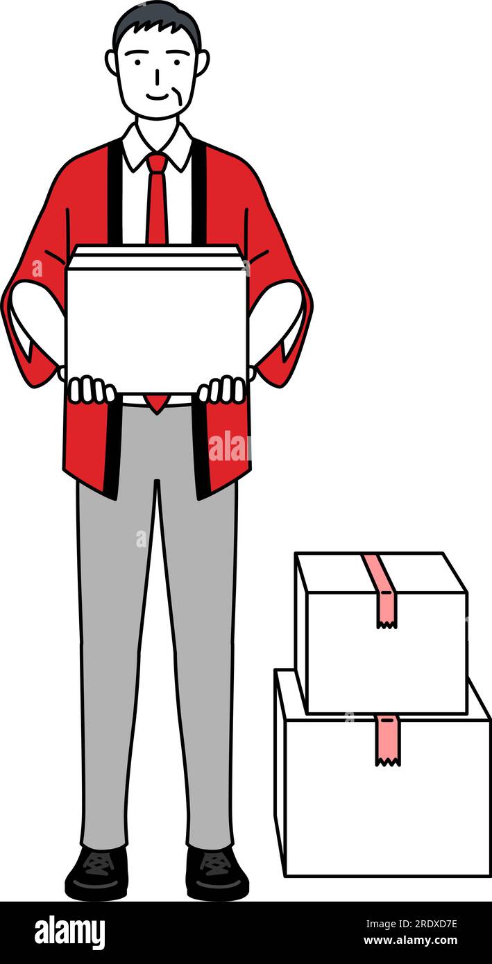 Senior man wearing a red happi coat working to carry cardboard boxes ...