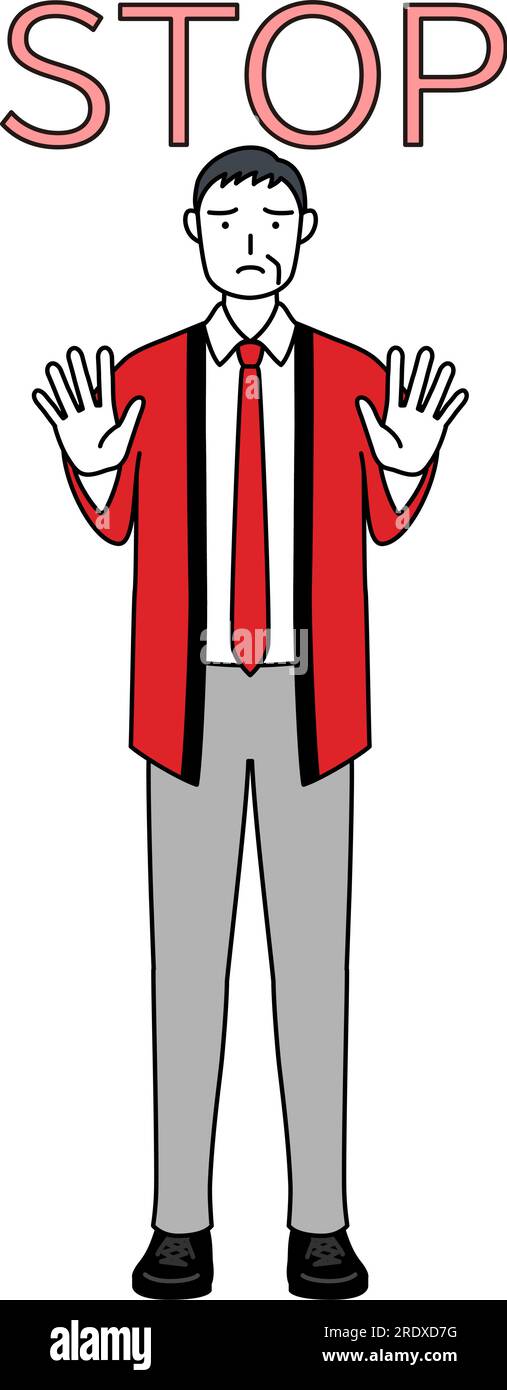 Senior man wearing a red happi coat with his hands out in front of his ...