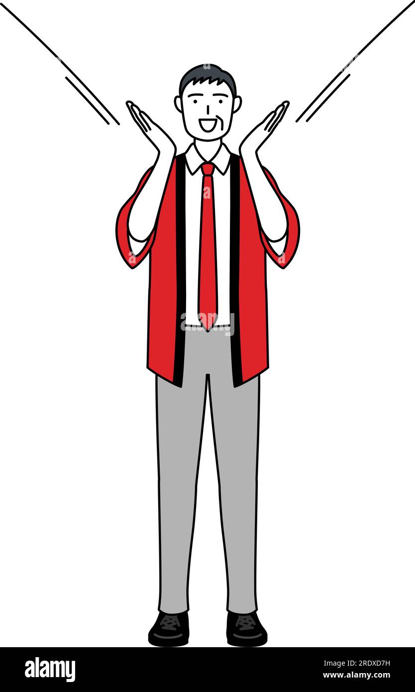 Senior man wearing a red happi coat calling out with his hand over his ...