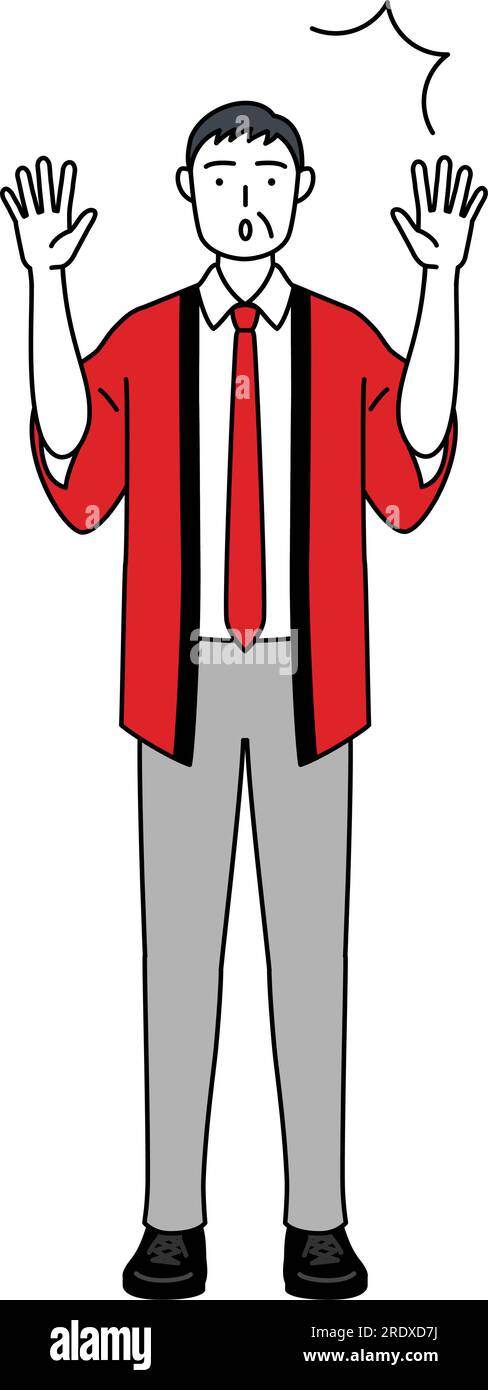 Senior man wearing a red happi coat raising his hand in surprise ...