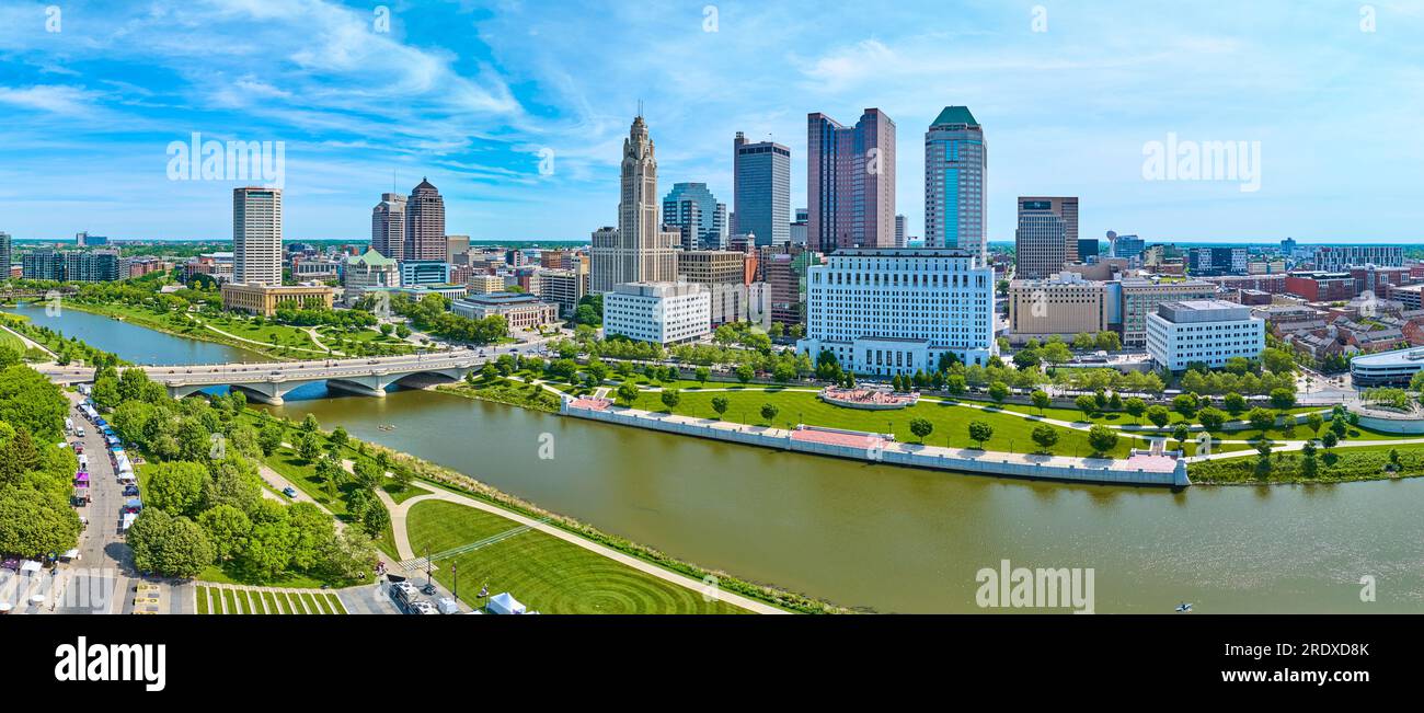 Panorama both sides of Scioto river next to heart of downtown Columbus Ohio aerial Stock Photo
