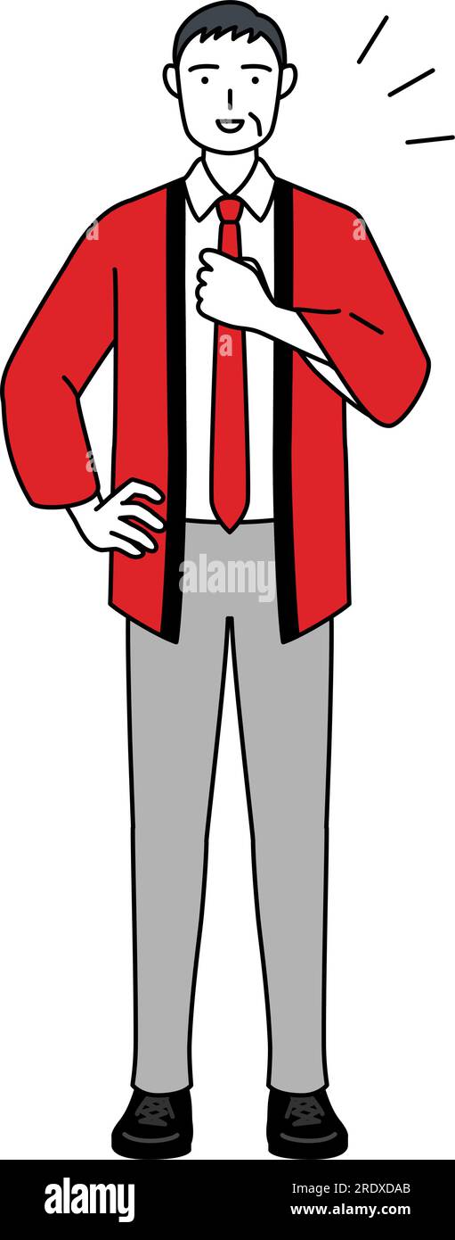 Senior man wearing a red happi coat tapping his chest, Vector Illustration Stock Vector