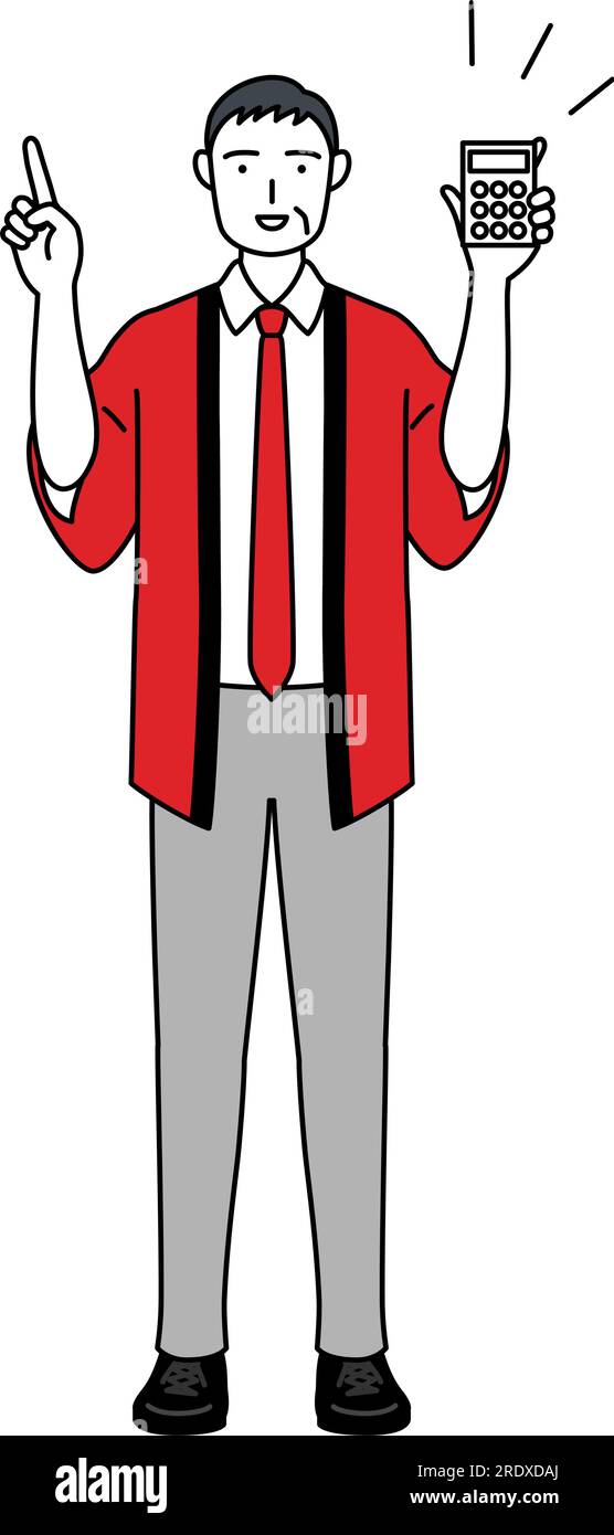 Senior man wearing a red happi coat holding a calculator and pointing