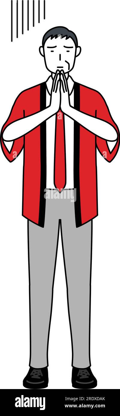Senior man wearing a red happi coat apologizing with his hands in front ...