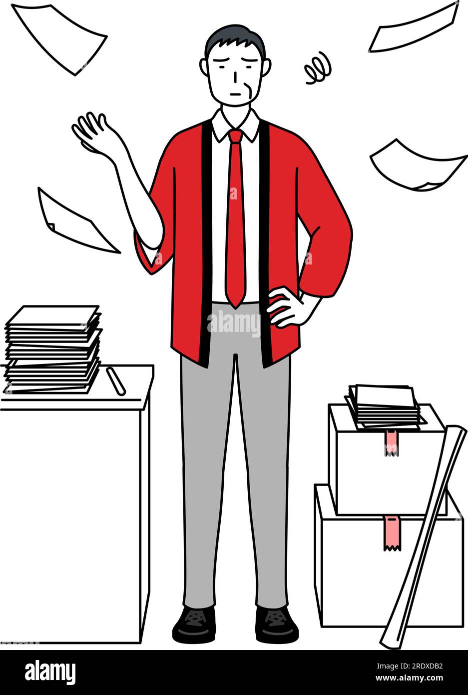 Senior man wearing a red happi coat who is fed up with his unorganized ...