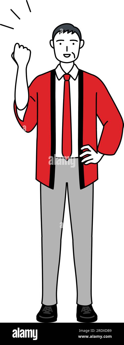 Senior man wearing a red happi coat posing with guts, Vector ...