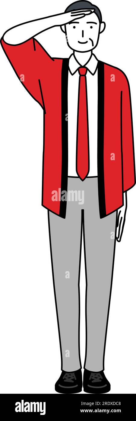 Senior man wearing a red happi coat making a salute, Vector ...