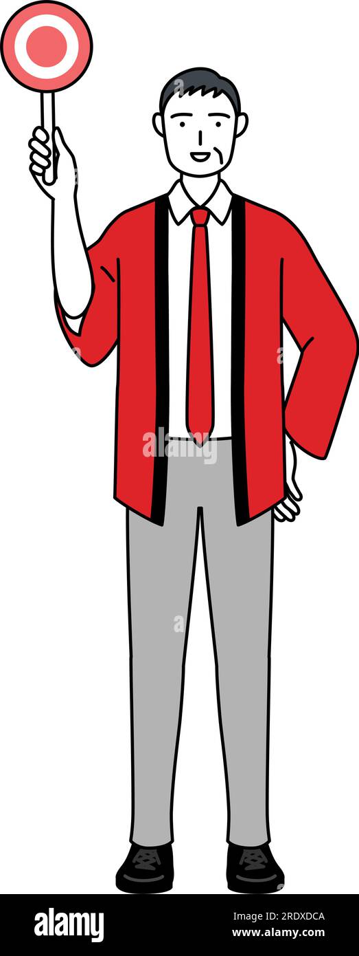 Senior man wearing a red happi coat holding a maru placard that shows ...