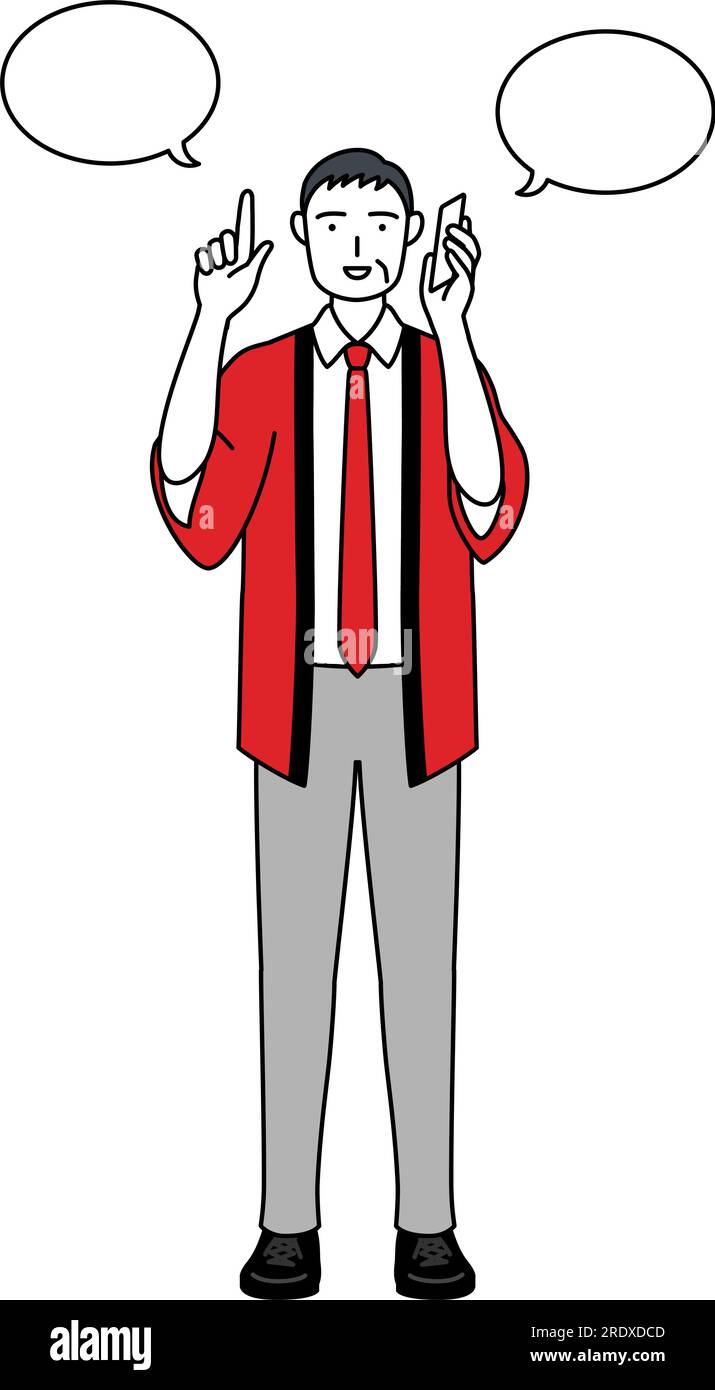 Senior man wearing a red happi coat pointing while on the phone, Vector ...