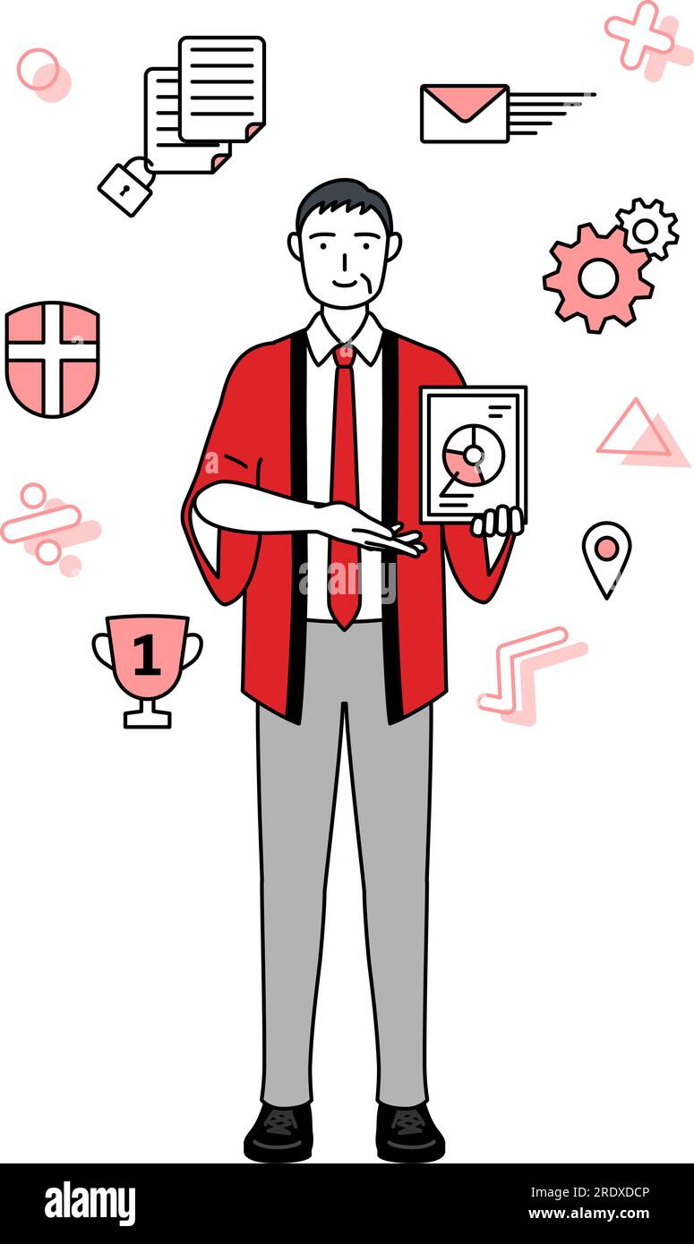 Image of DX, Senior man wearing a red happi coat using digital ...