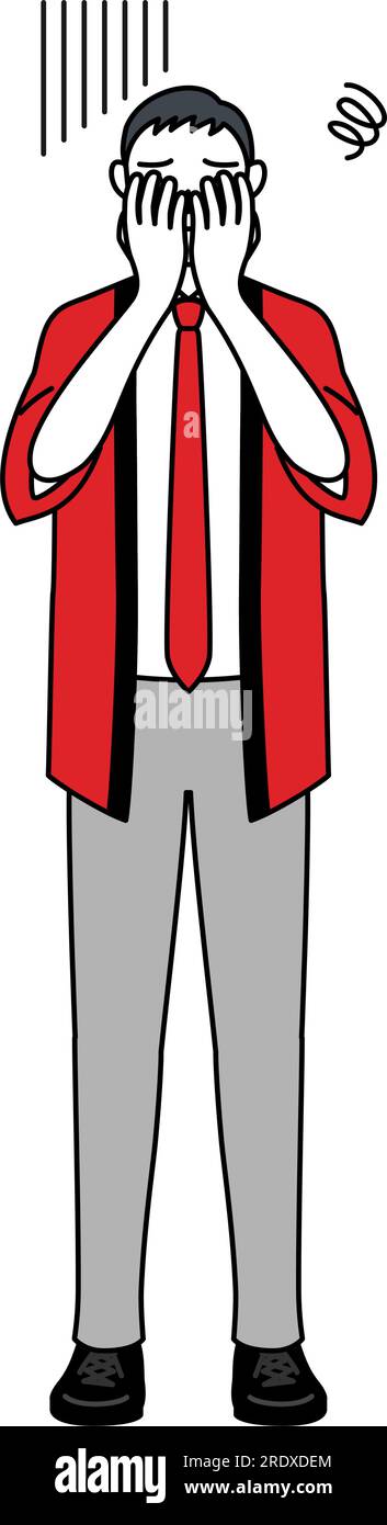 Senior man wearing a red happi coat covering his face in depression ...