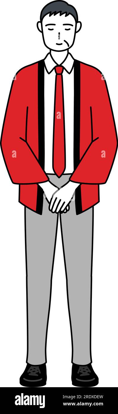 Senior man wearing a red happi coat bowing with folded hands, Vector ...