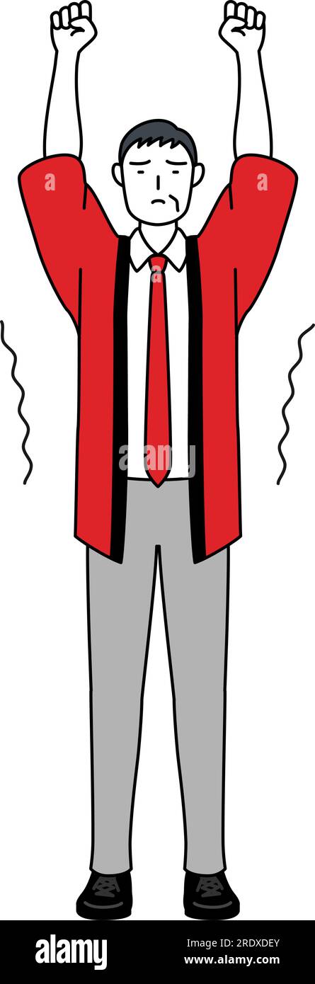 Senior man wearing a red happi coat stretching and standing tall ...