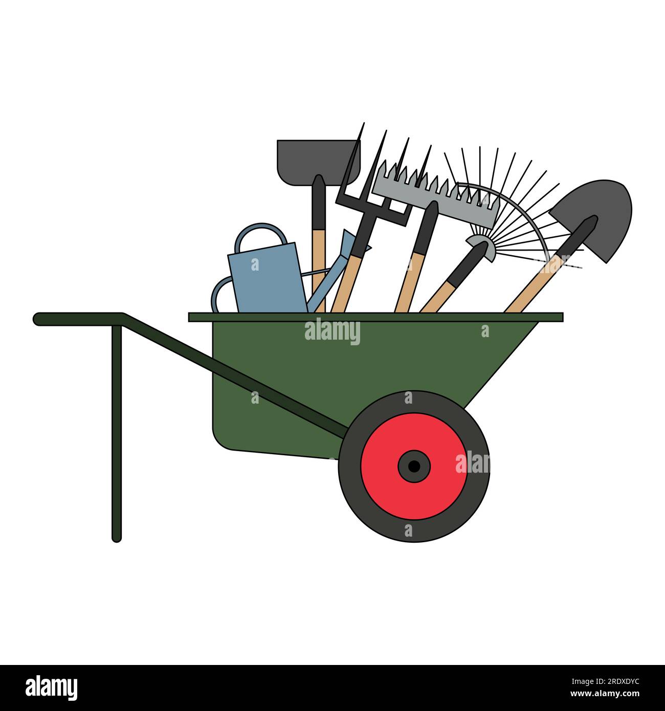 Set of various gardening tools in a wheelbarrow. Vector illustration ...
