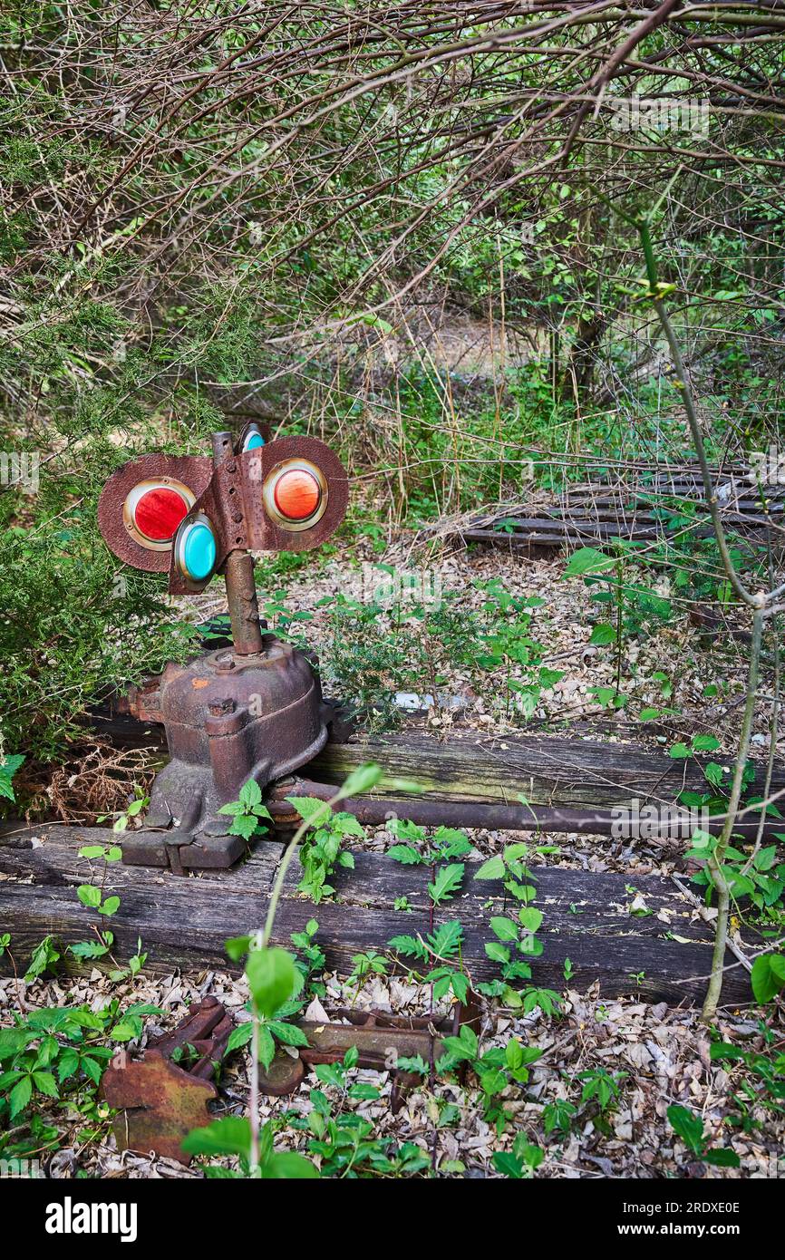 Rusting railroad lantern light, gear switch, track changer, train, abandoned, old, colorful, in forest Stock Photo