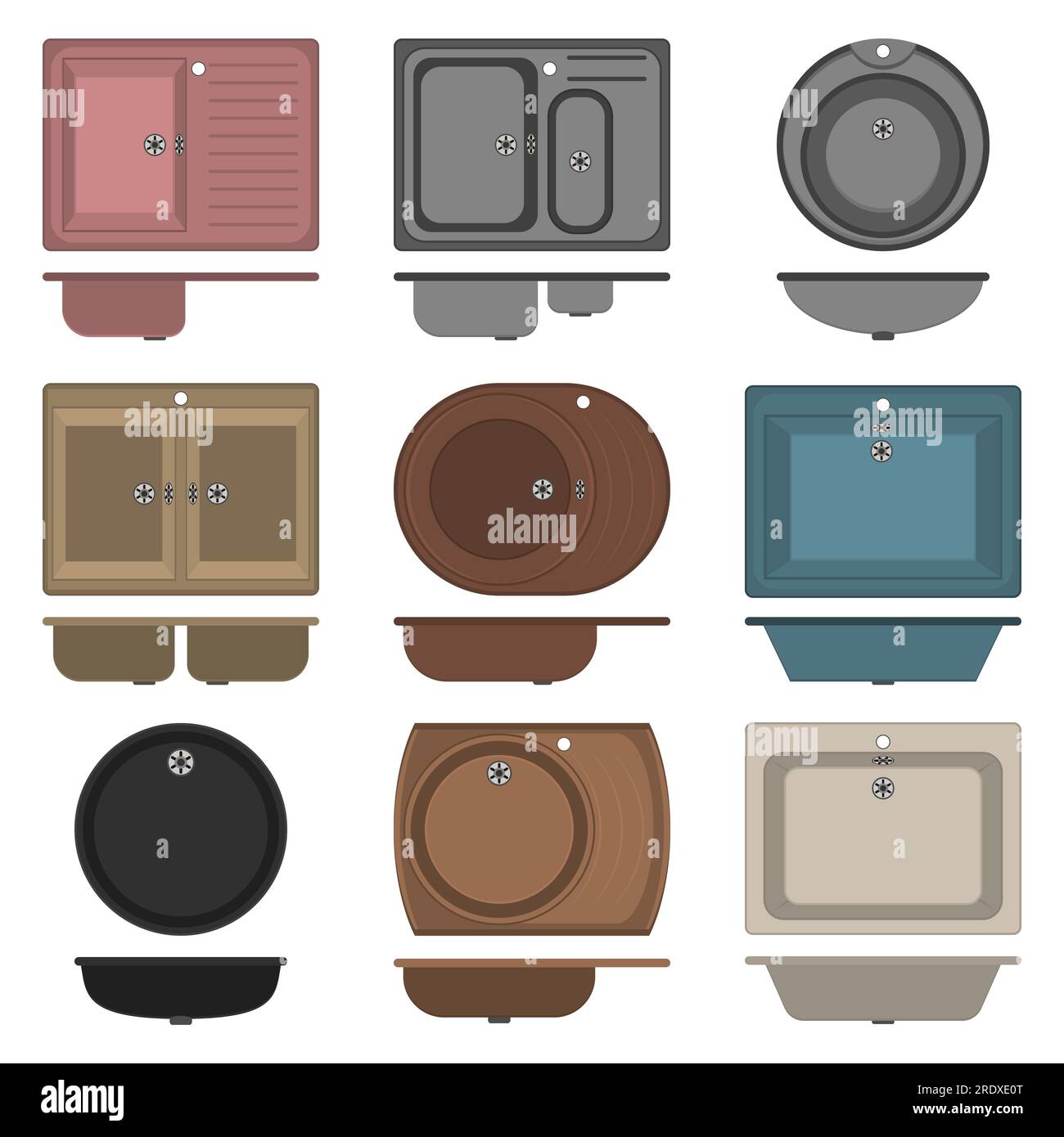 Kitchen and bathroom sinks. Vector illustration. Set, collection of