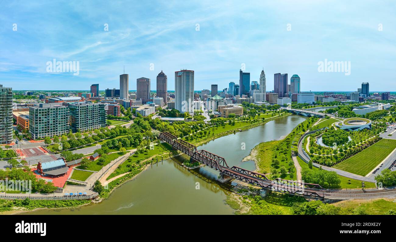 Aerial panorama of distant Columbus Ohio skyscrapers with two bridges and the Scioto River Stock Photo