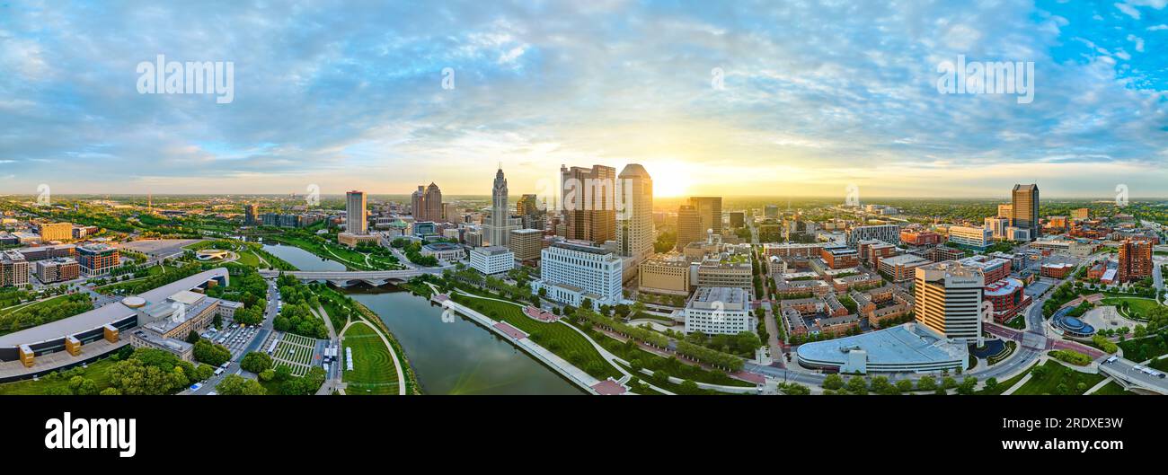 Panorama Columbus Ohio downtown at sunrise with river aerial drone shot Stock Photo