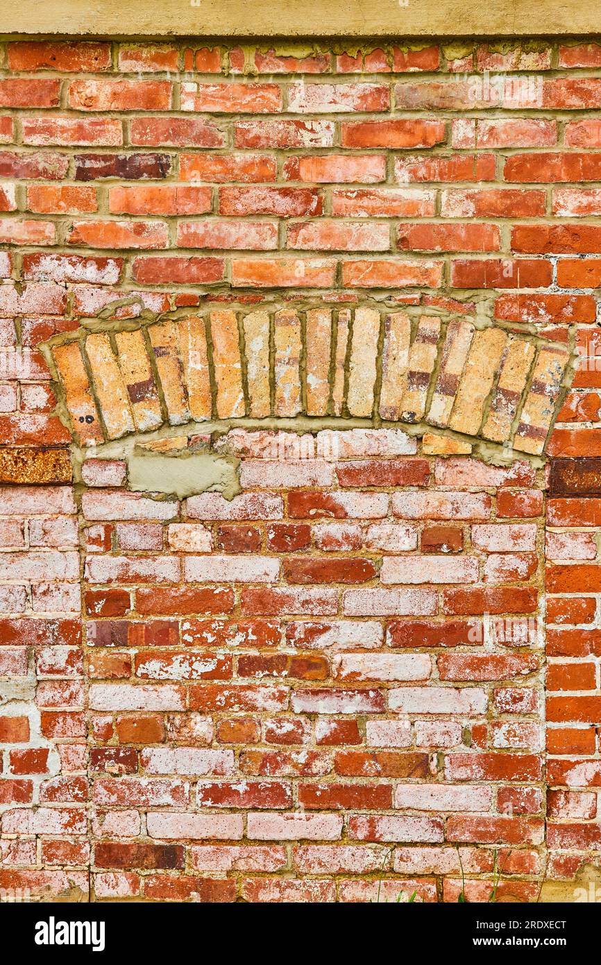 Wall of red and white bricks coated in flaky white paint with concealed door background asset