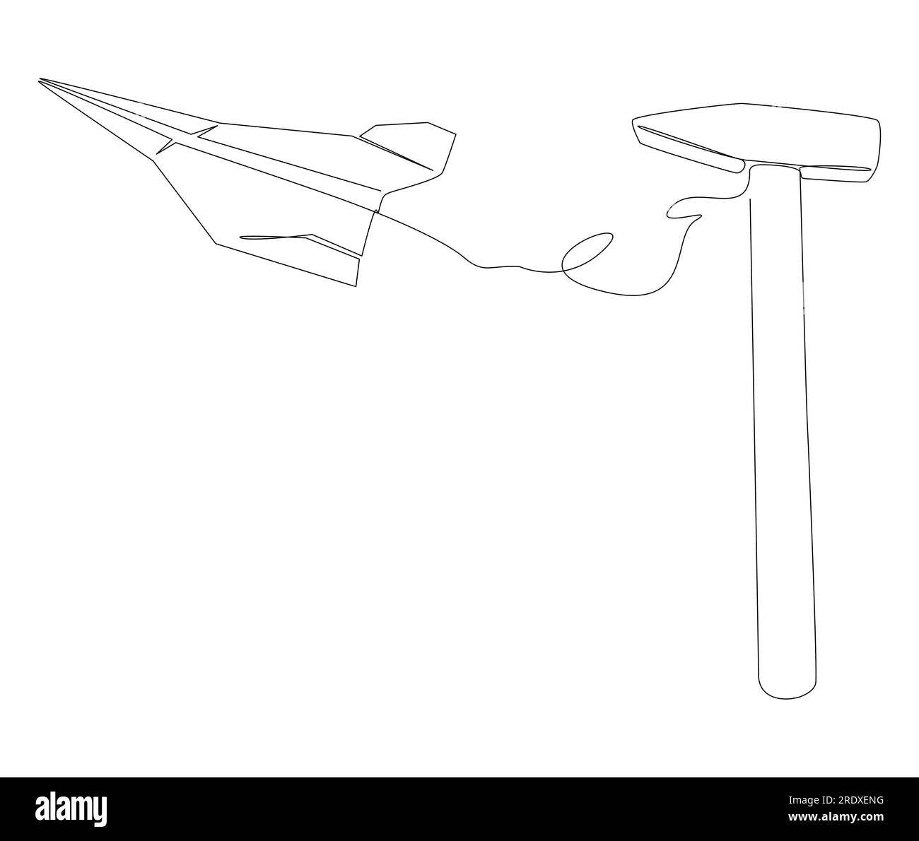 One continuous line of Paper Airplane with Hammer. Thin Line Construction Illustration vector concept. Contour Drawing Creative ideas. Stock Vector