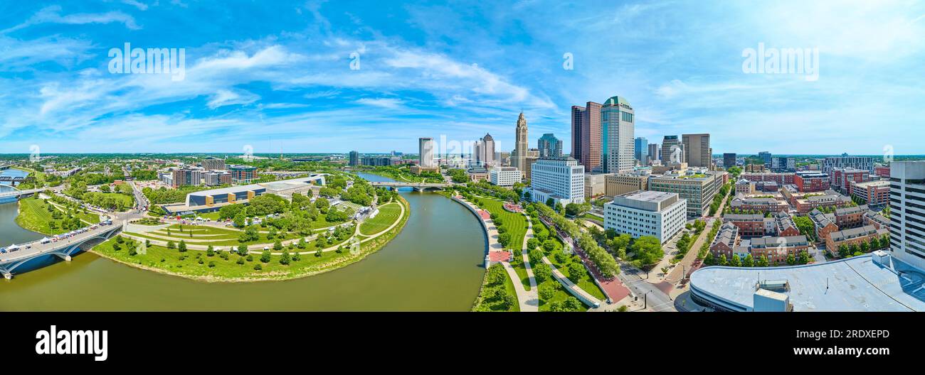 Panorama aerial both sides of Scioto River in Columbus Ohio downtown Stock Photo