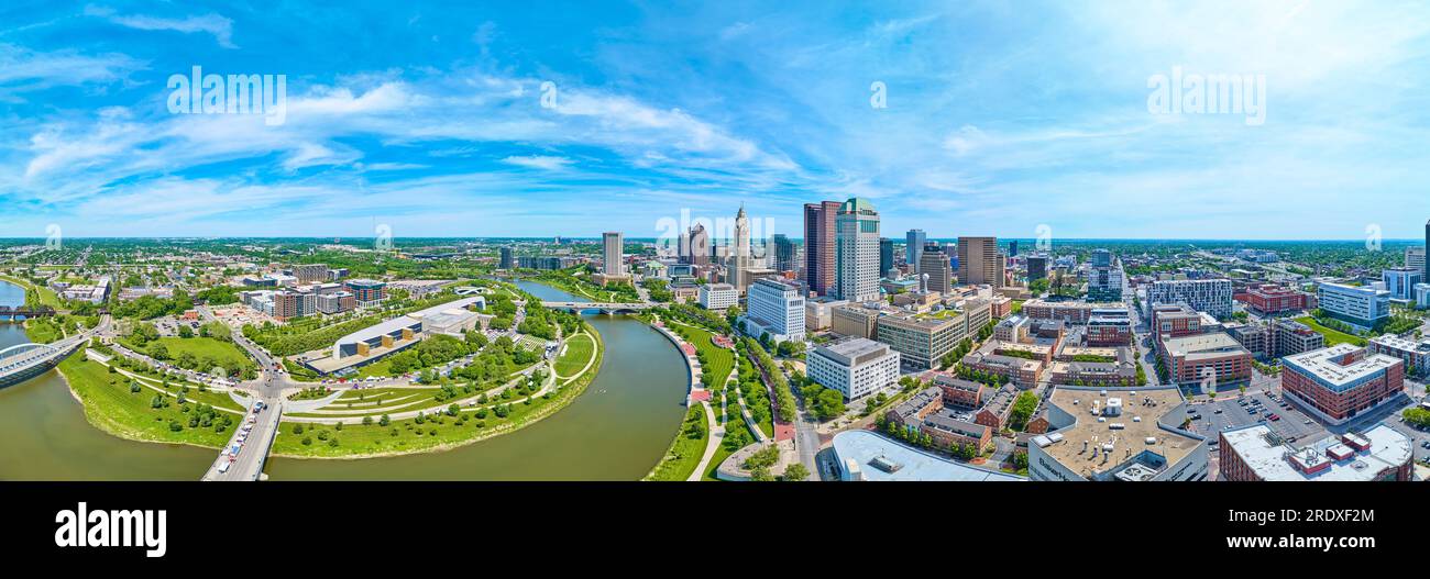 Panorama horseshoe bend in Scioto River with downtown Columbus Ohio aerial Stock Photo